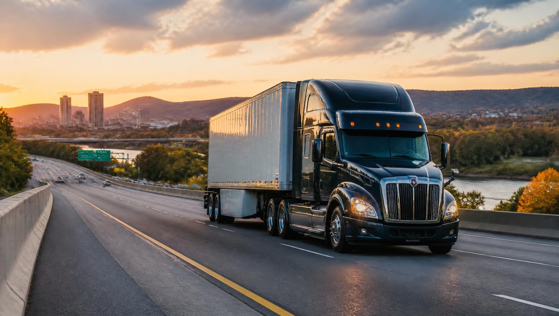 Tractor-trailer traveling an interstate highway near Albany, New York at sunset